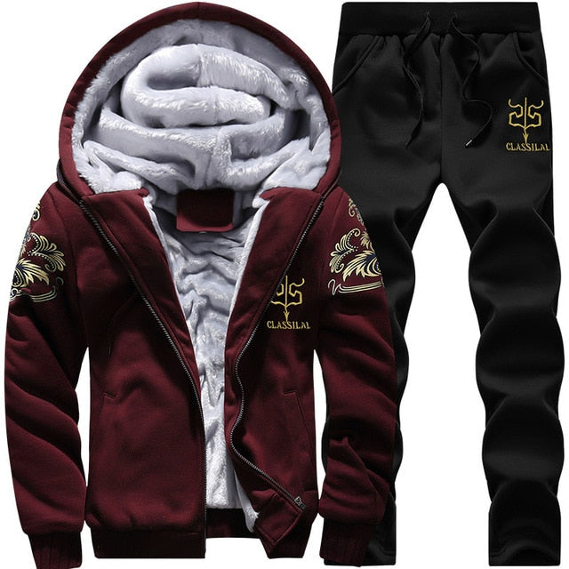 Tracksuit Men Sporting Fleece Thick Hooded Brand-Clothing Casual Track Suit Men Jacket+Pant Warm Fur Inside Winter Sweatshirt